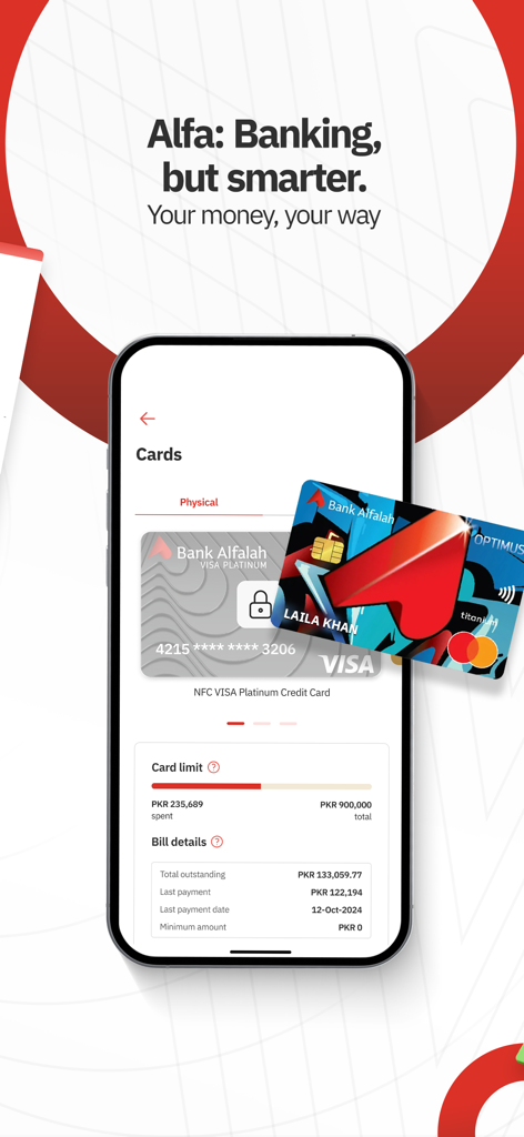 Interfaccia dell'app mobile di Alfa di Bank Alfalah che mostra i limiti di spesa della carta di credito e i dettagli della bolletta in PKR