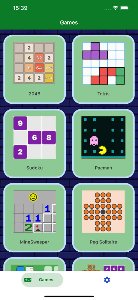 Gaming Room: Classic Games - Una selezione di giochi classici per cellulari tra cui 2048, Tetris, Sudoku e Pacman in una semplice interfaccia di app.