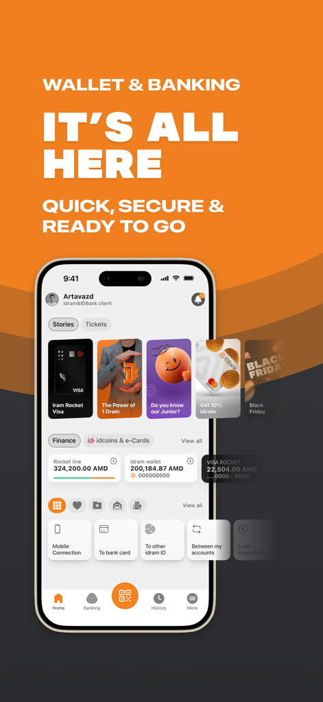Idram & IDBank - Idram and IDBank app home screen showing wallet balance, credit limits, and financial services in a orange themed interface