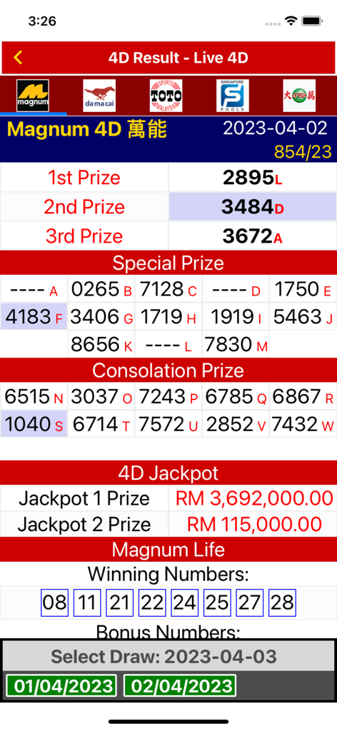 Magnum 4D live lottery results screen showing prize numbers and jackpot amounts