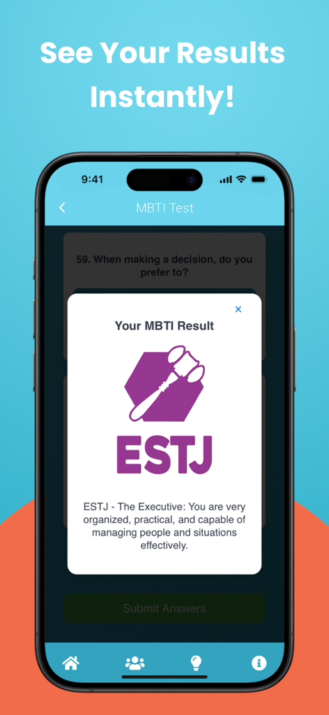 MyMBTI - Personality Test - A screenshot of the MyMBTI app result screen for the ESTJ The Executive personality type