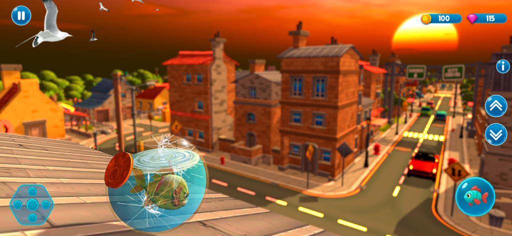 Go Fish.io - A piranha in a cracked glass bowl rolling across a city rooftop during a sunset in Go Fish.io.