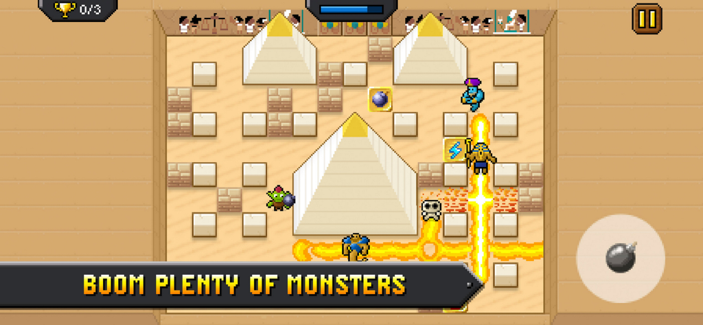 Boom Mania - Gameplay de Boom Mania mostrando un personaje goblin en un nivel de pirámide pixel-art con explosiones y monstruos.
