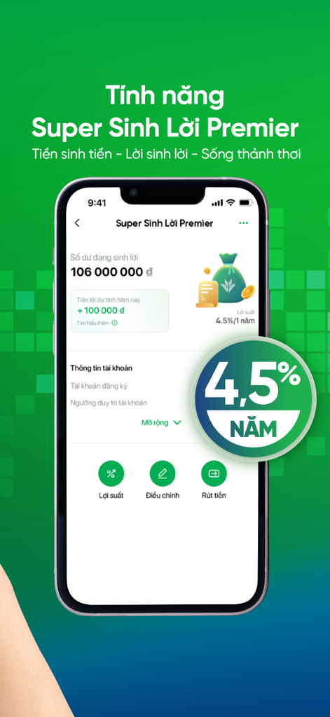 VPBank NEO - VPBank NEO Mobile-App-Oberfläche, die das Sparkonto Super Sinh Loi Premier mit einem jährlichen Zinssatz von 4,5 Prozent zeigt