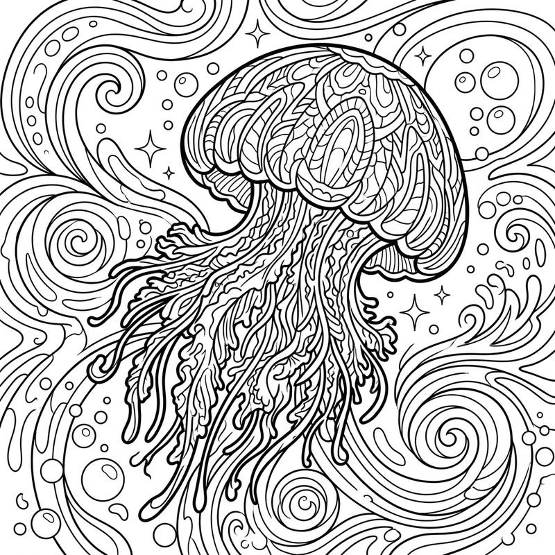 Explore the captivating beauty of the ocean with this intricate Blue Blubber Jellyfish coloring page. Its detailed bell and flowing tentacles offer a mesmerizing design perfect for a relaxing creative session.