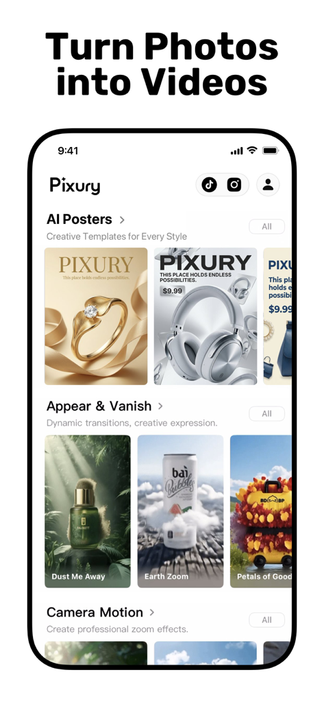 AI Product Video & Ad - Pixury - Mobile App-Oberfläche von Pixury, die KI-Poster und dynamische Videoanimationsvorlagen für Produktmarketing zeigt.