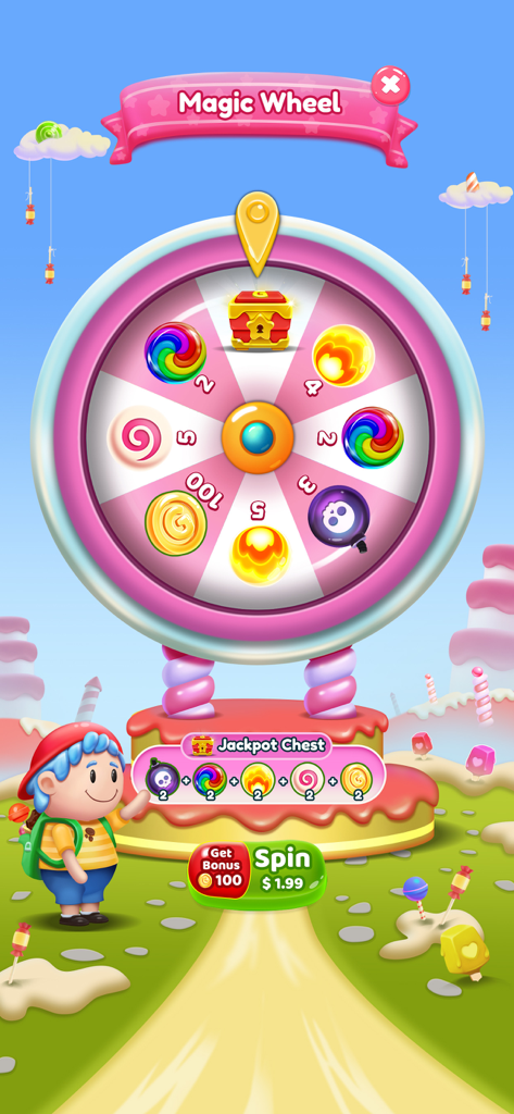 Gummy Bear Pop: Bubble Shooter - Magic Wheel screen in Gummy Bear Pop Bubble Shooter game showing various power ups and rewards