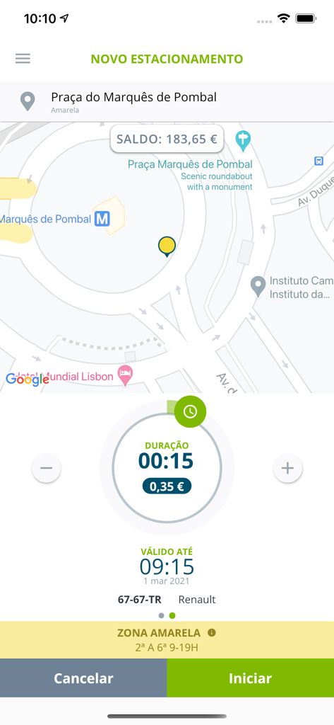 ePark EMEL - Interface of the ePark EMEL app showing a parking session setup on a map of Lisbon with duration and cost selection
