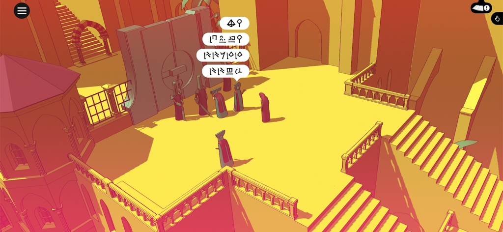 Chants of Sennaar - 鮮やかな黄色とオレンジ色の建築環境の中で、謎のグリフで話すフードの人物と交流するゲームキャラクター