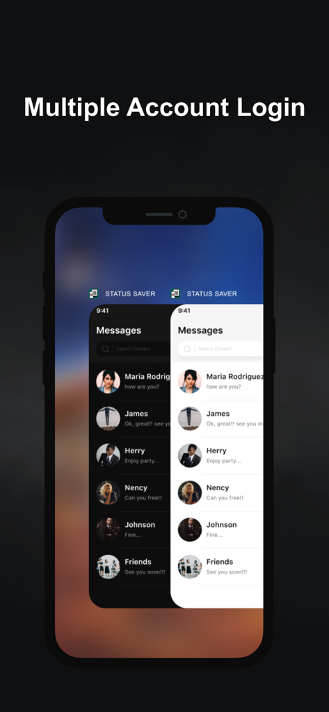 Un écran de smartphone montrant la fonctionnalité de connexion à plusieurs comptes avec des écrans de chat en mode sombre et clair qui se chevauchent.