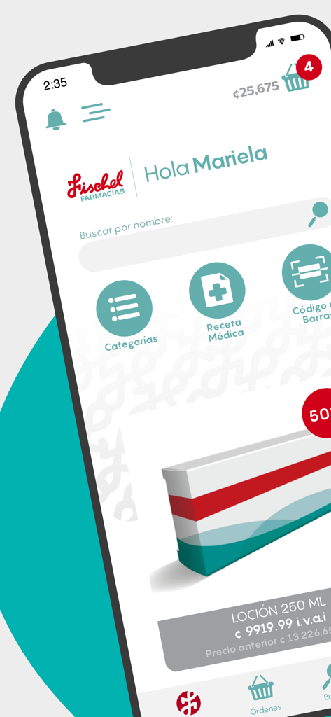 Fischel Farmacias - Home screen of the Fischel Farmacias app showing a search bar and medical categories