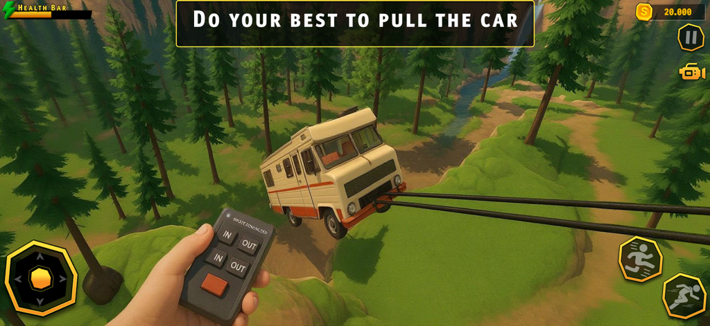 First person gameplay view showing a player using a remote control to pull an RV through a forest.