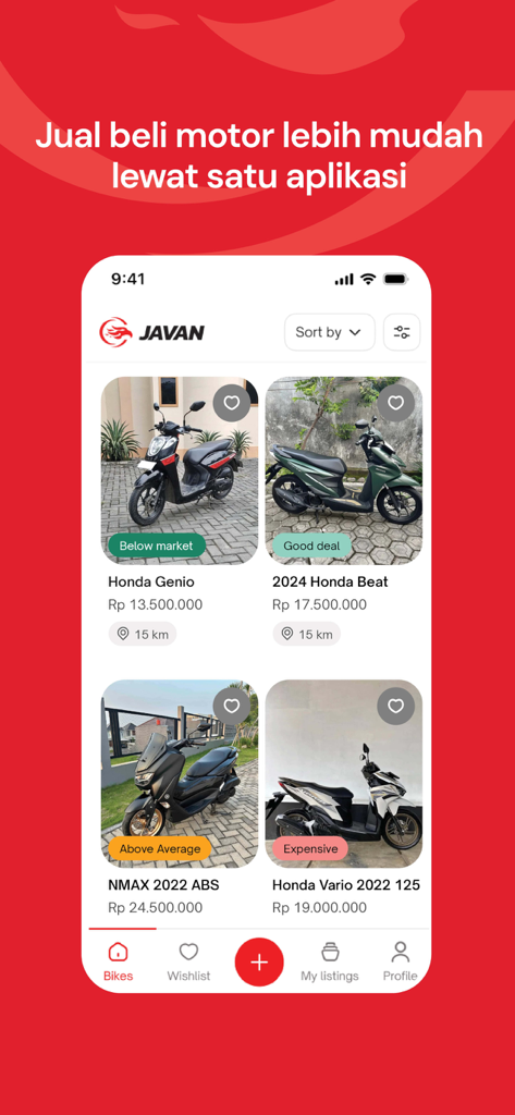 Javan - Javan mobile app interface showing a list of used motorcycles for sale with price value indicators like Good Deal and Below Market