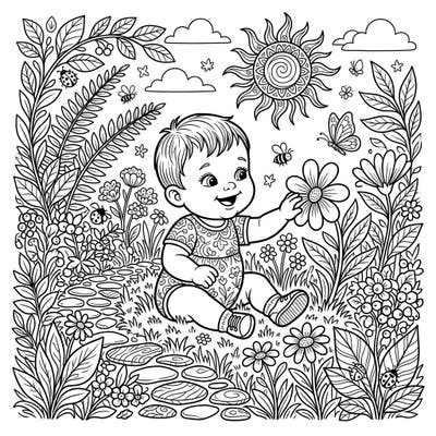 Immerse yourself in the beauty of nature with this delightful coloring page featuring a baby exploring the outdoors. Perfect for teens, this intricate design brings the joy of discovery to life through detailed flora and fauna.