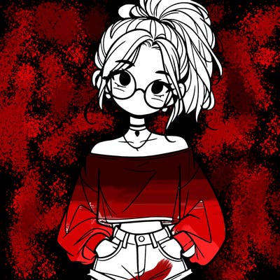 girl with a messy ponytail glasses a baggy crop top and jean shorts