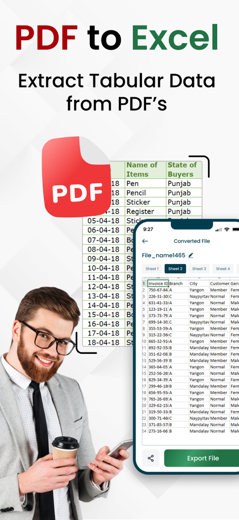プロフェッショナルな男性がスマートフォンでPDF to Excelアプリを使用して、表形式のデータをスプレッドシートに抽出している様子