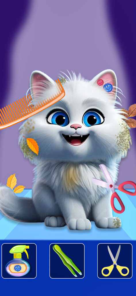 Pet Animal care Hospital - A white fluffy kitten being groomed with a comb and scissors in a pet care simulator