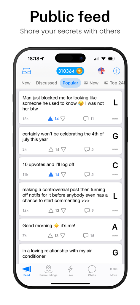 Public feed of the Twiq anonymous chat app showing a list of text-based posts with upvote and comment options.