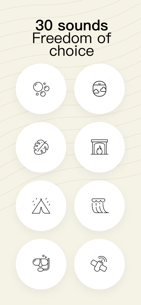 A collection of minimalist line icons representing different ambient sound choices in the Dtd Sounds app