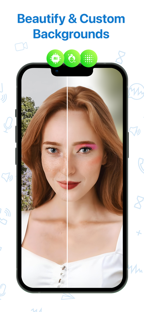 Video Call & Chat LinkLive - Ein Bildschirmvergleich eines Videoanrufs mit und ohne LinkLive KI-Schönheitsfilter