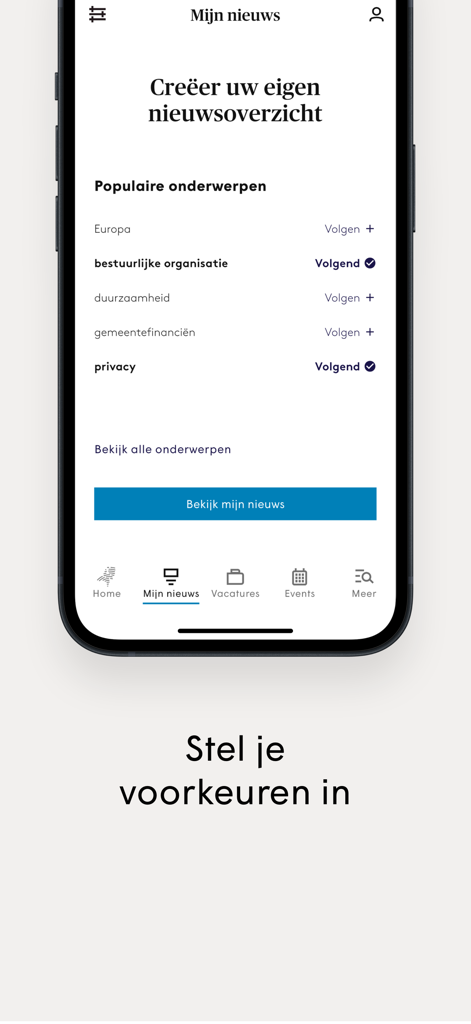 Binnenlands Bestuur Nieuws App - A mobile app interface showing a list of governance topics to follow for a personalized news feed