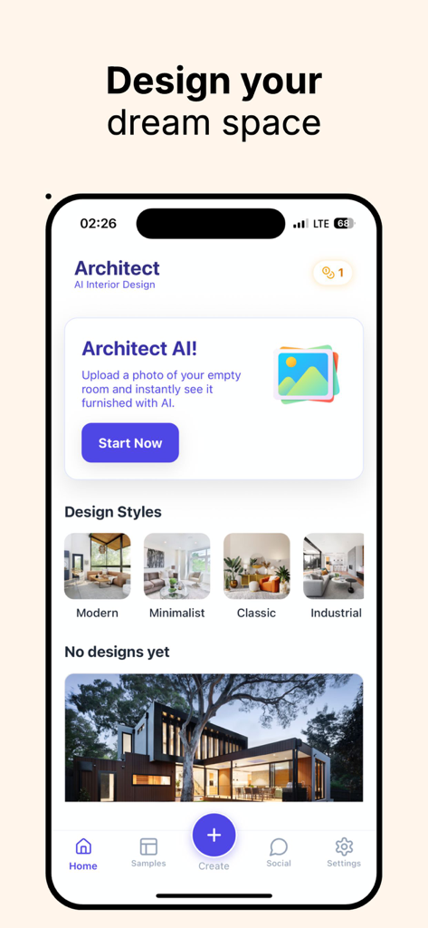 AI Interior Design - Decor - AI Interior Design app home screen featuring various design styles like Modern and Minimalist with a prompt to design your dream space
