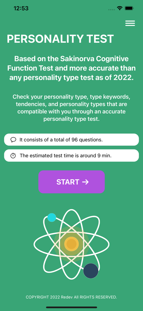 16 Personalities Test - Pantalla de inicio de la aplicación Test de 16 Personalidades que muestra la duración de la prueba y el número de preguntas.
