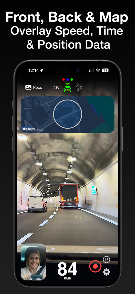 Dash Cam | Drive Guardian AI - Dash cam app interface with map and speed overlay during road recording