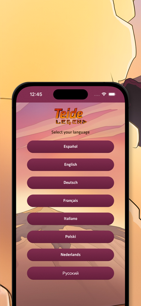 스페인어, 영어, 독일어 등의 옵션이 표시된 스마트폰 화면의 테이데 전설 앱 언어 선택 메뉴