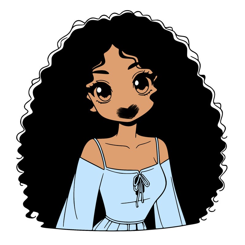 a black anime girl with long afro hair