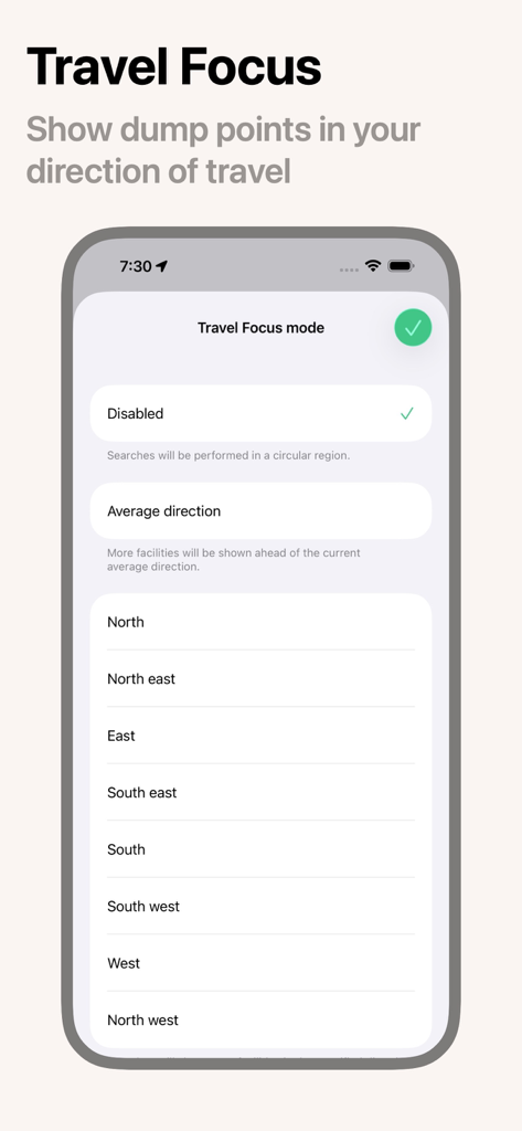 Caravan Helper - Caravan Helper app Travel Focus settings screen for finding dump points in a specific direction of travel