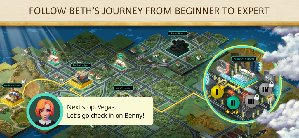 Mapa de juego isométrico que muestra la progresión de niveles y las ubicaciones de la serie en The Queen's Gambit Chess