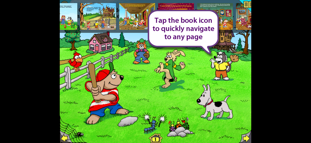 Navegación de página en el libro interactivo Harry y la Casa Embrujada que muestra personajes animados jugando béisbol