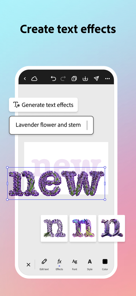 Adobe Express: AI Photo, Video - Adobe Express app interface showing the generation of creative text effects using AI