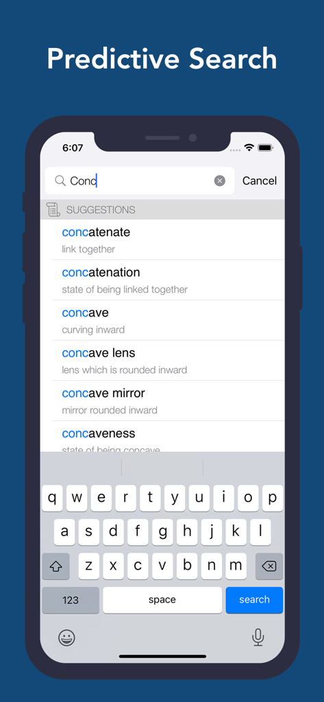 Dictionary and Translator mobile app interface showing predictive search word suggestions
