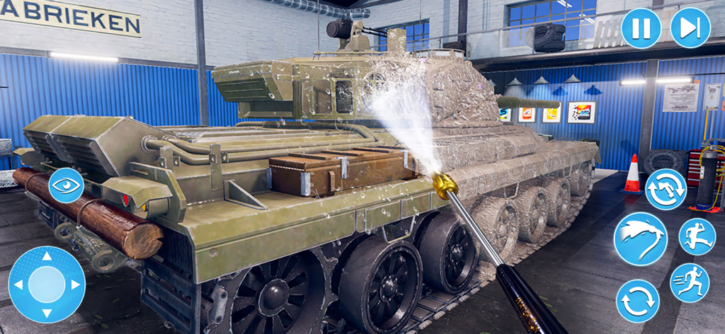 Power Wash Car Cleaning Games - Power washing a muddy military tank in a cleaning simulator game.