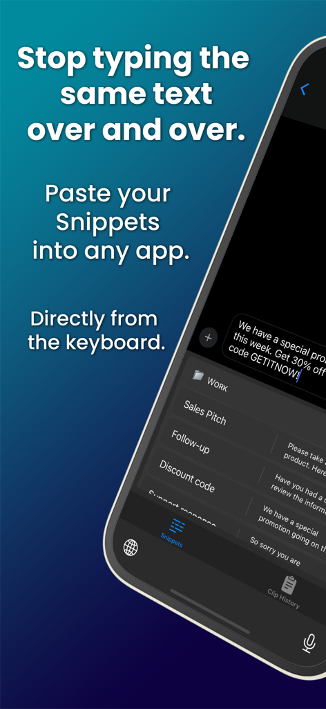 Cloud Snippets - Mobile - Cloud Snippets mobile app displaying its custom keyboard extension with saved text snippets for productivity
