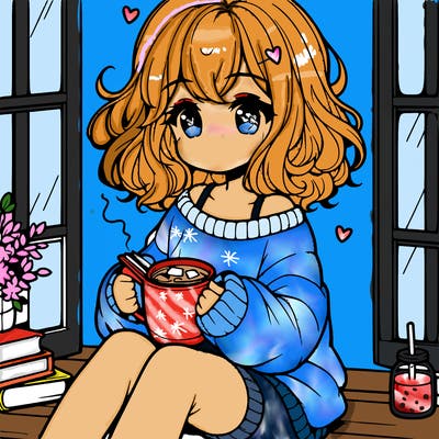 cute anime girl reading book and drinking hot chocolate from mug with loose wavy hair wearing a baggy sweatshirt and shorts sitting by windowsill looking out