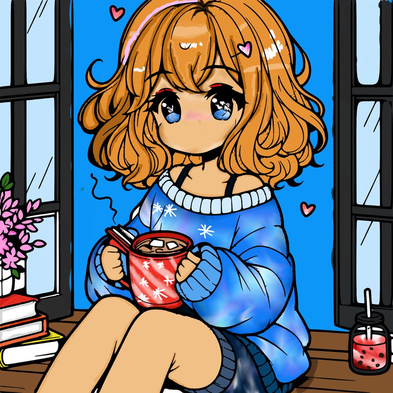 cute anime girl reading book and drinking hot chocolate from mug with loose wavy hair wearing a baggy sweatshirt and shorts sitting by windowsill looking out