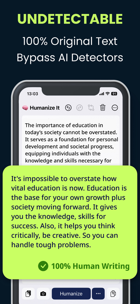 Humanize It - AI Humanizer - Interfaz de la aplicación Humanize It que muestra un resultado con un estado de escritura 100 por ciento humano.