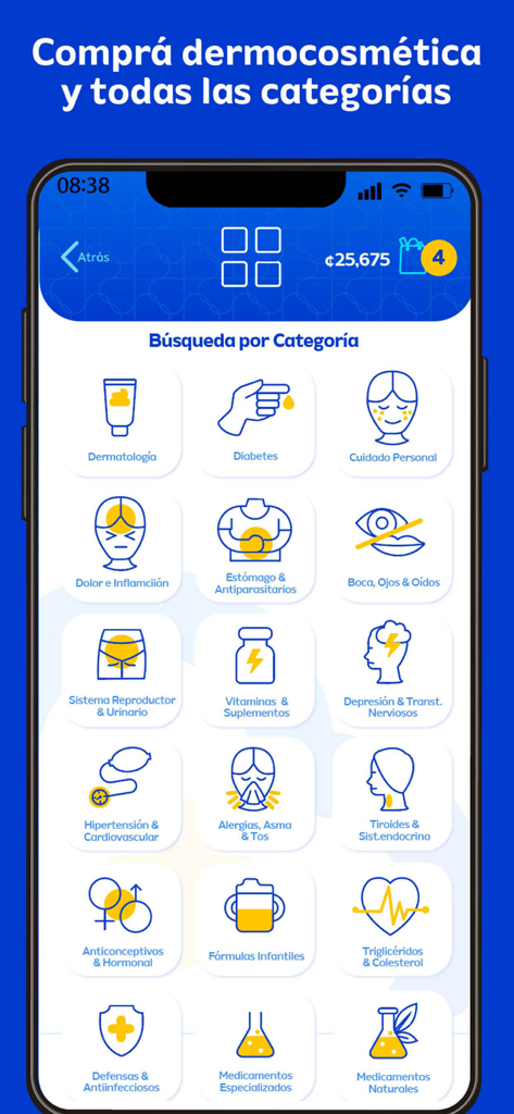 Farmacia La Bomba mobile app showing various medical categories for easy online shopping