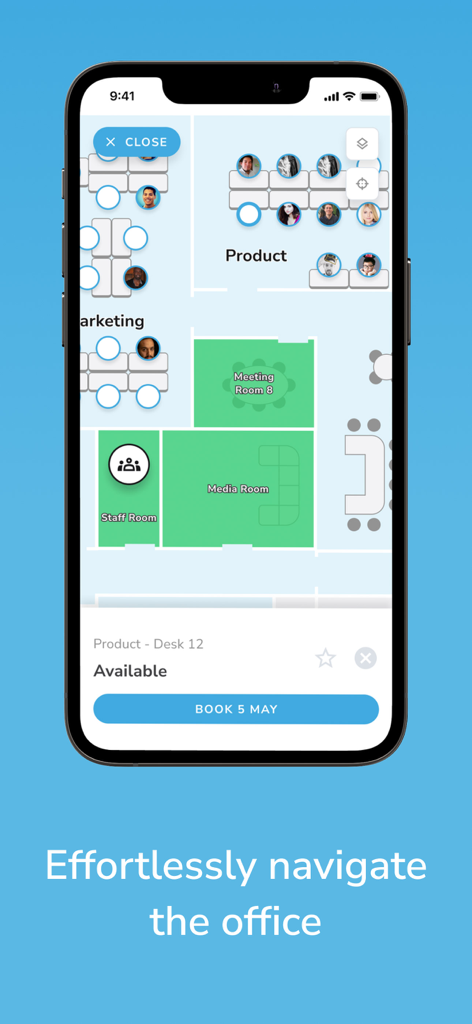 Calven - Interfaz de la aplicación Calven que muestra un plano de planta interactivo de la oficina con disponibilidad de escritorios en tiempo real y ubicaciones de compañeros.