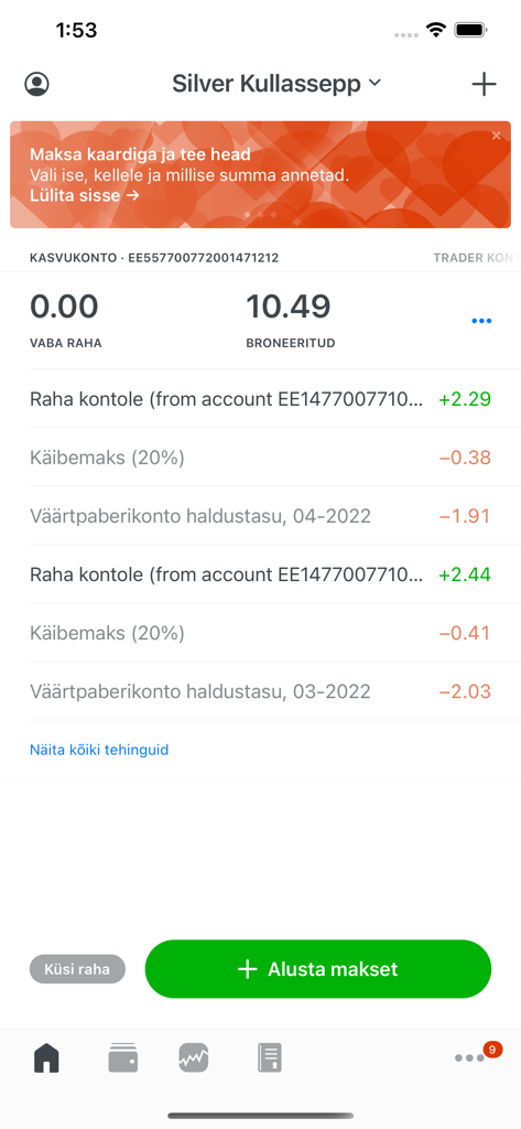 Painel do aplicativo LHV de mobile banking exibindo saldo da conta e histórico de transações