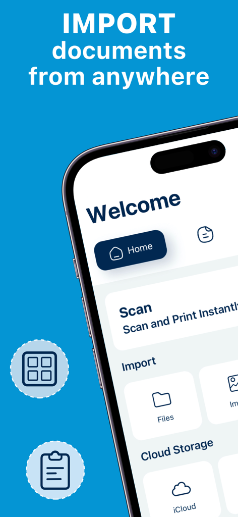 Eine mobile Oberfläche, die Dokumentenimport- und Cloud-Speicheroptionen in einer Smart-Printer-App zeigt.