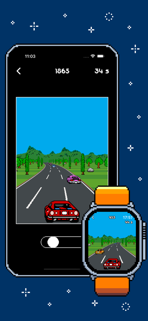 Jogabilidade do jogo de corrida retrô Arcadia no iPhone e Apple Watch