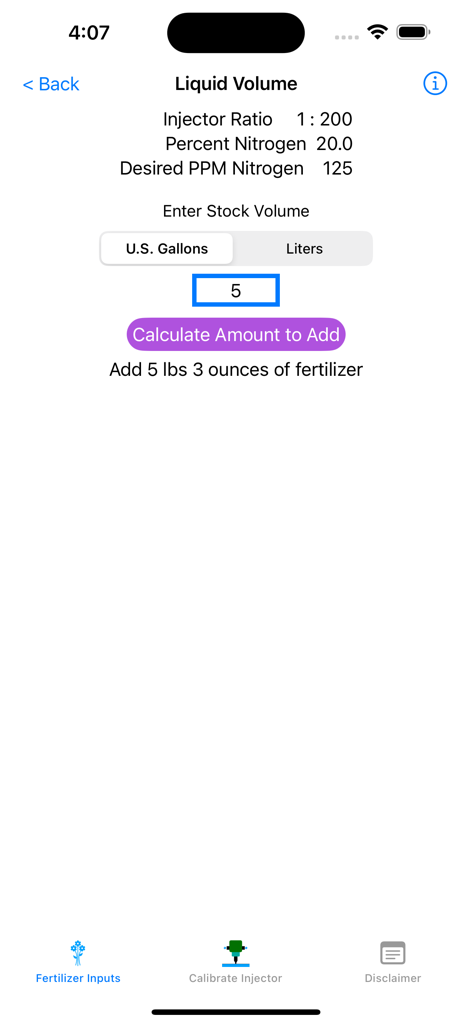 Greenhouse Fertilizer - Greenhouse Fertilizer app interface showing a liquid volume calculator for determining the exact amount of fertilizer needed based on injector ratio and nitrogen percentage.