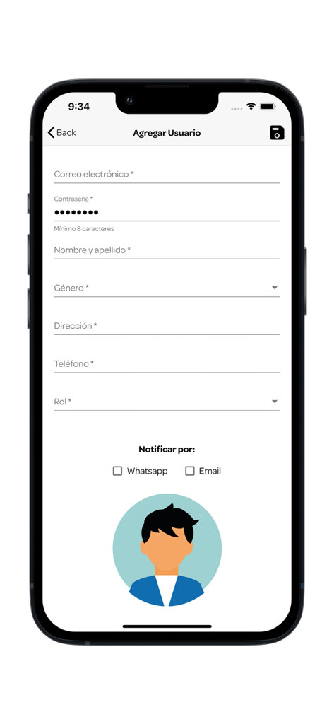 Reservándonos Partners - Form to add a new user in the Reservandonos Partners management app showing fields for contact details and professional role