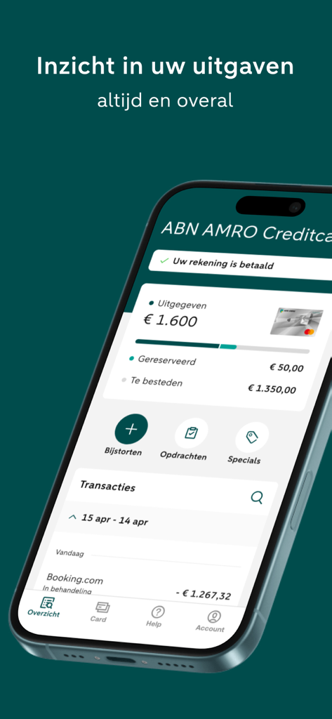 ABN AMRO Creditcard - ABN AMRO Creditcard mobile app interface showing real-time expense overview and spending limit on an iPhone.