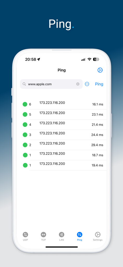 Interfaz de la herramienta de ping en la aplicación UDP TCP Network Utility que muestra los tiempos de respuesta de red para un host de sitio web