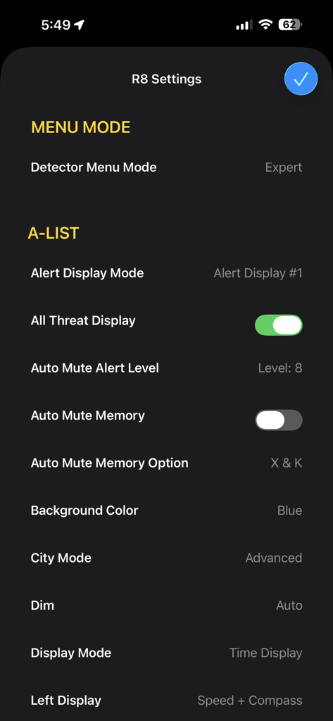 Detailed settings menu in the R8 Companion app for Uniden radar detectors